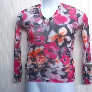 Anatomie Italian Sheer Mesh Pink Floral Long Sleeve Top Small Designer
